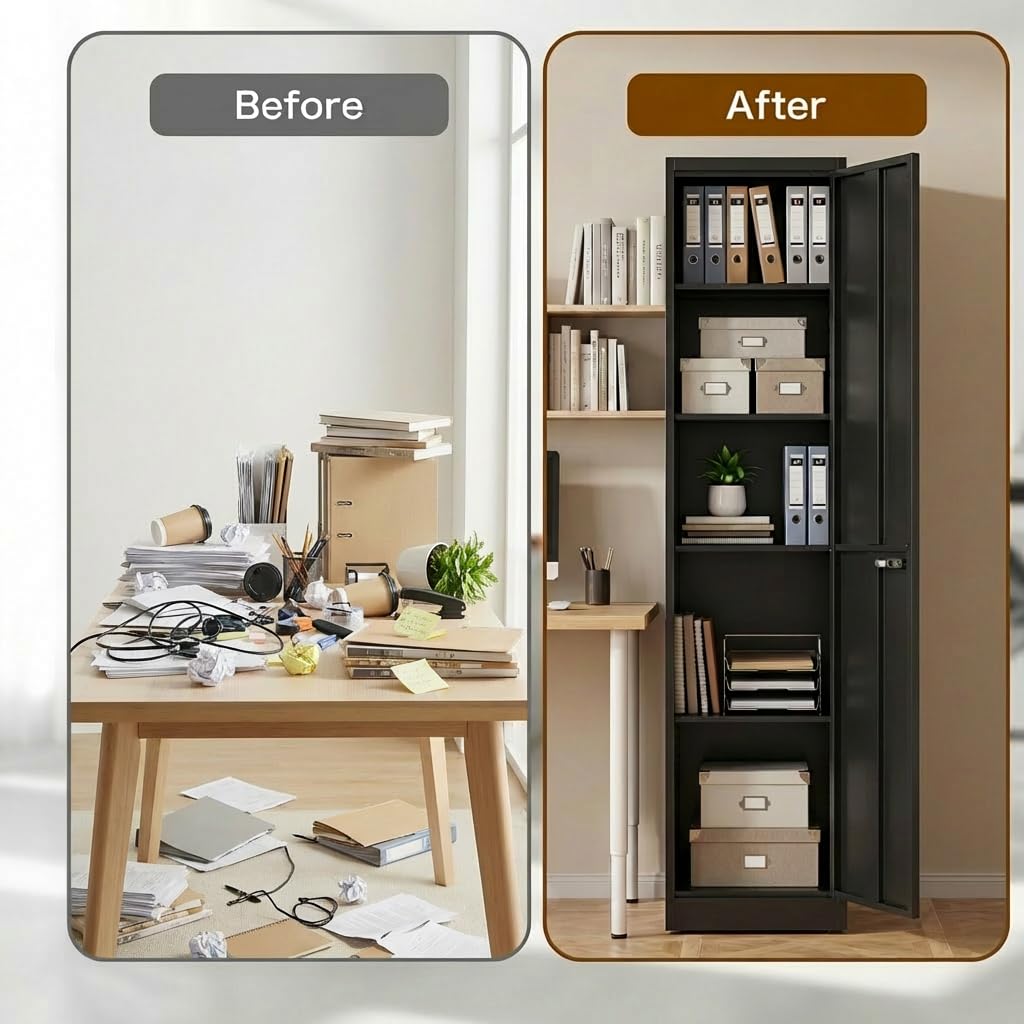 Spind Schrank, Mehrzweckschrank, Stahlschrank 40 cm breit, Aktenschrank Abschließbar mit 1 Tür & 4 Einlegeböden, Büroschrank für Ecke, Badezimmer, Küche, 180x40x35cm Schwarz