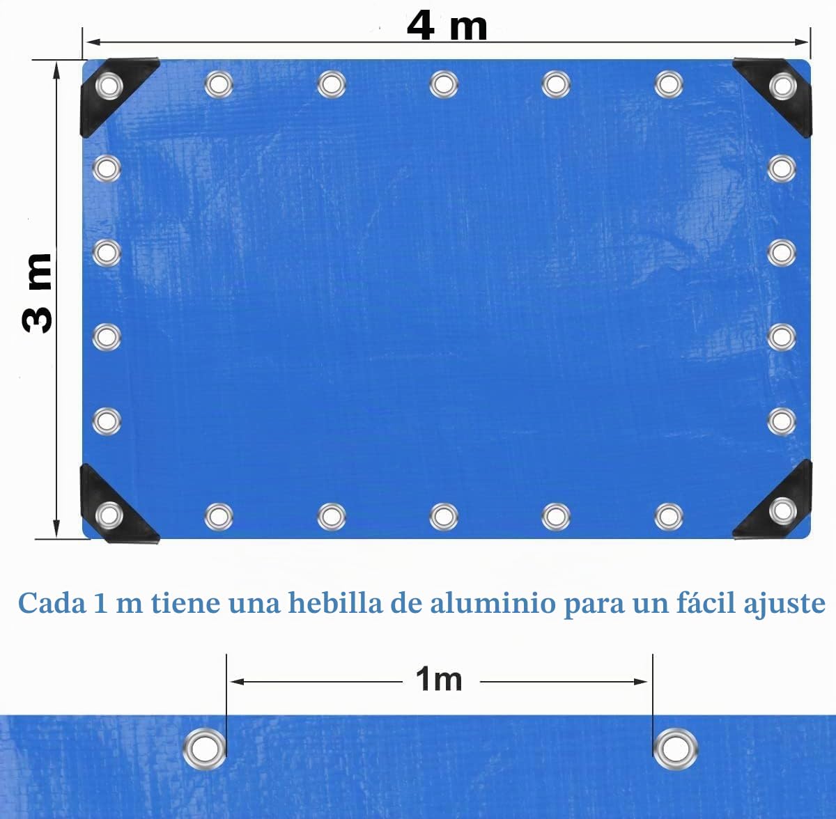 (Azul/Negro, 3x4 250g) Lona Impermeable Exterior - Reforzada - Argollas Antidesgarro - Toldo 100% Impermeable y 100% Protección UV - Cubretodo Múltiples Usos - 3 Capas Laminado Cruzado
