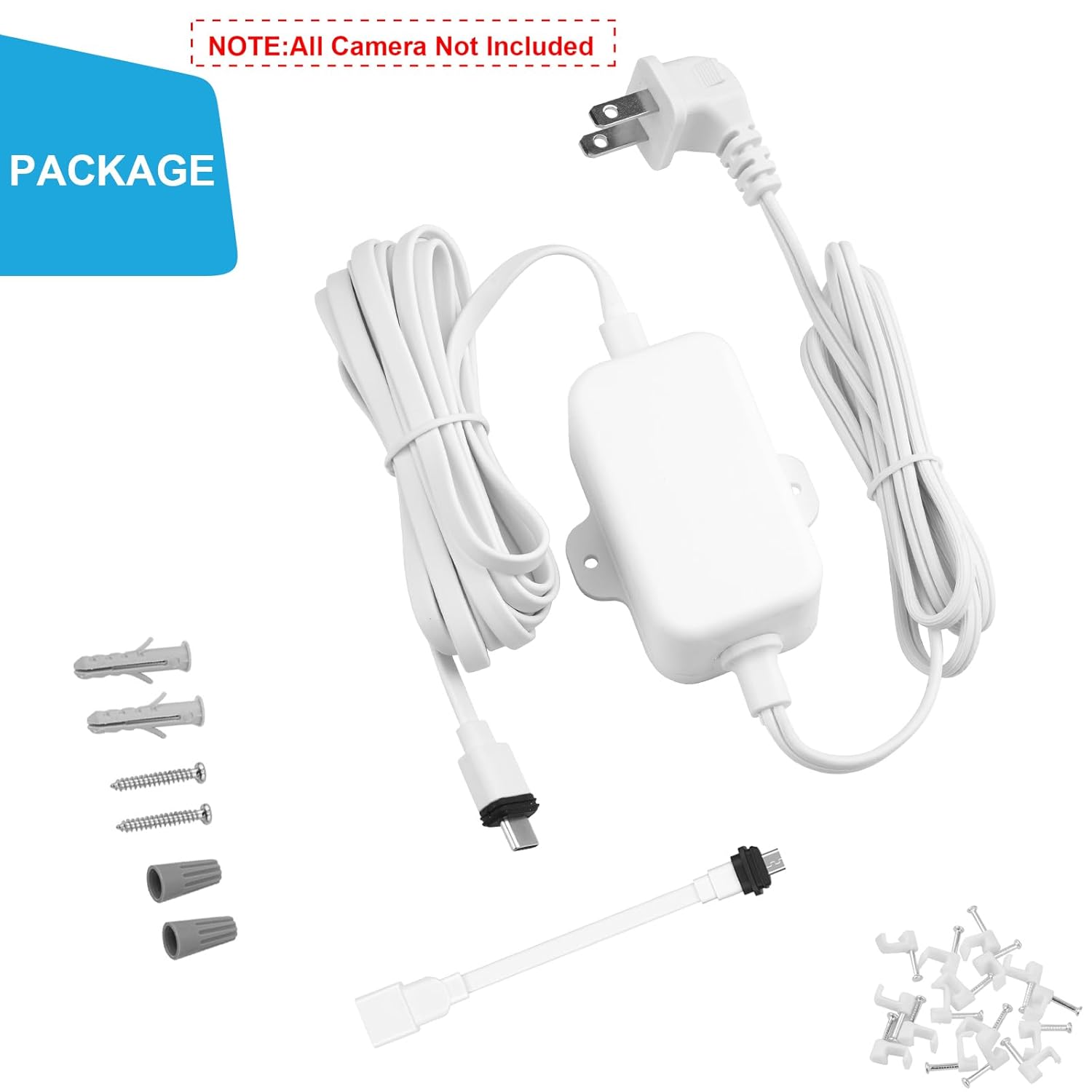 30ft Weather Resistant Power Adapter for Blink Mini 2,Blink Outdoor 4 (4th Gen)(3rd Gen)/Mini,No Need Charger Head,IP67 Waterproof Flat Power Cable with Extra Type C to Micro USB Adapter White 1Pack