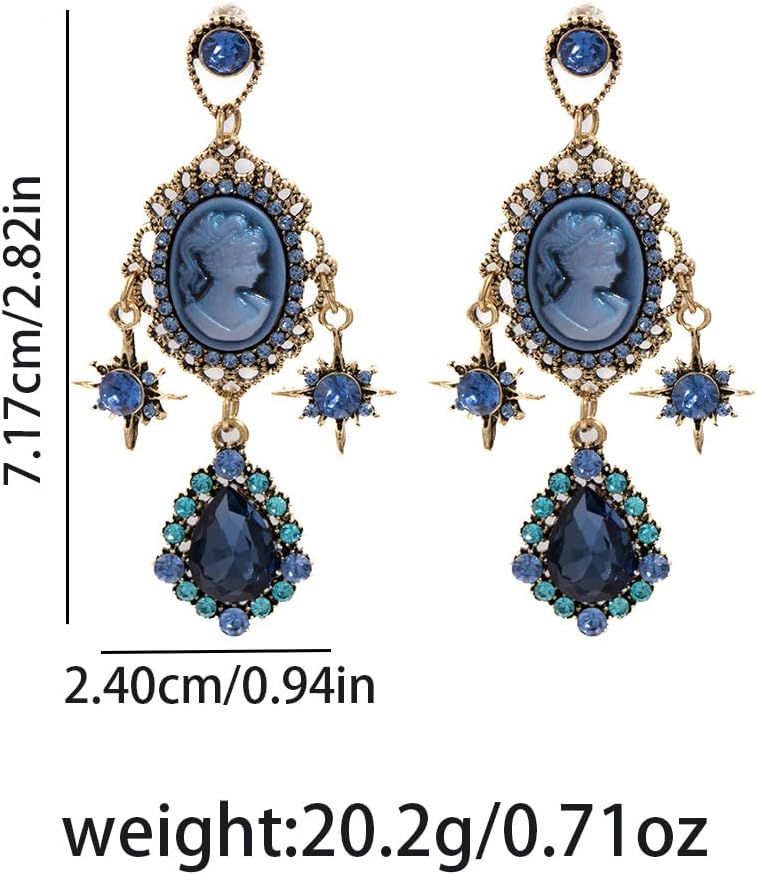 Vintage Blue Cameo Dangle Earrings for Women, Victorian Chandelier Drop Earrings with Rhinestones, Retro Baroque Statement Jewelry for Party, Wedding, Prom - Image 6
