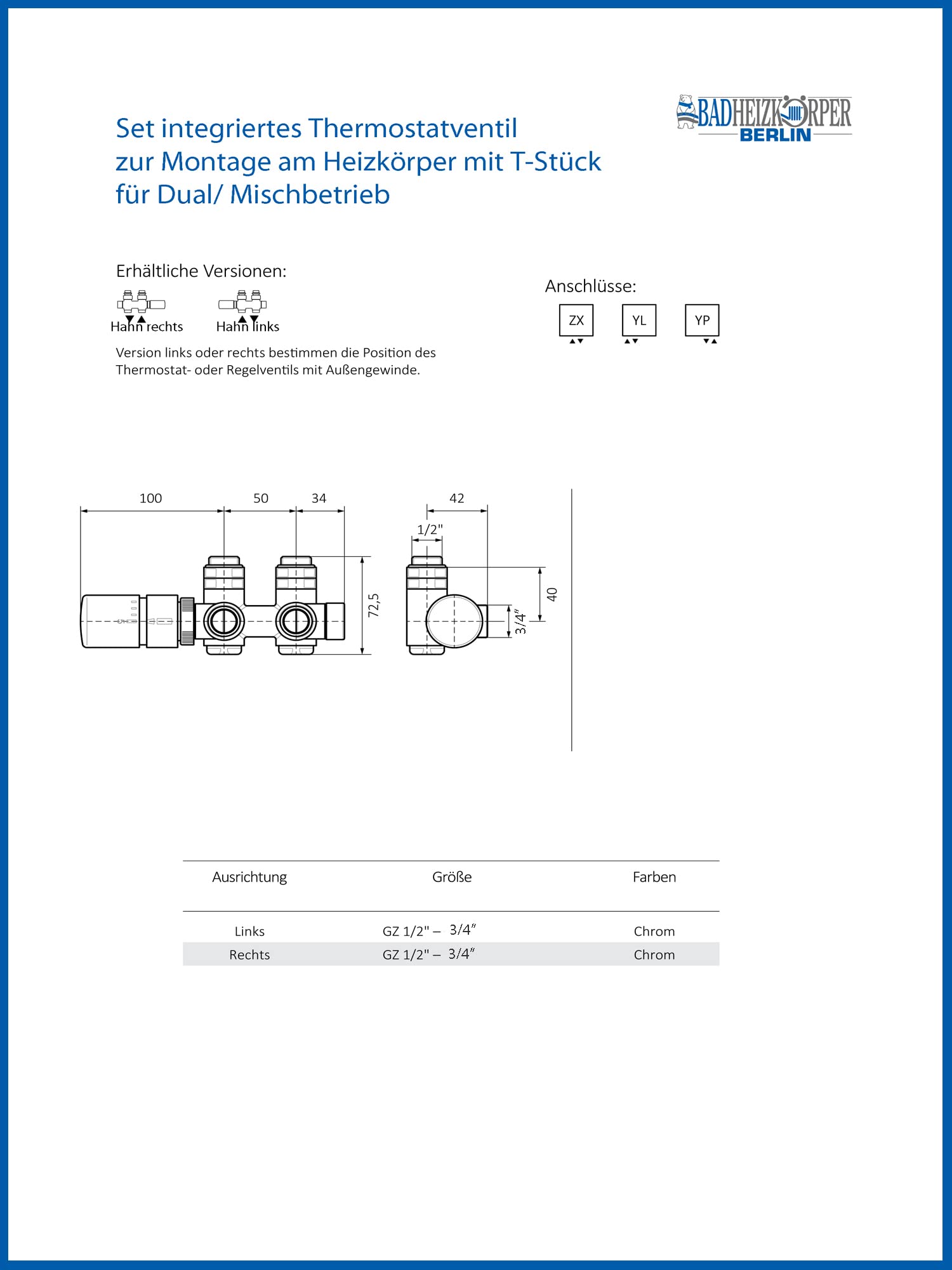 Jumbo Multiblock Set Thermostat Ventil mit Anschlussmöglichkeit für eine Heizpatrone (Hahn Links)