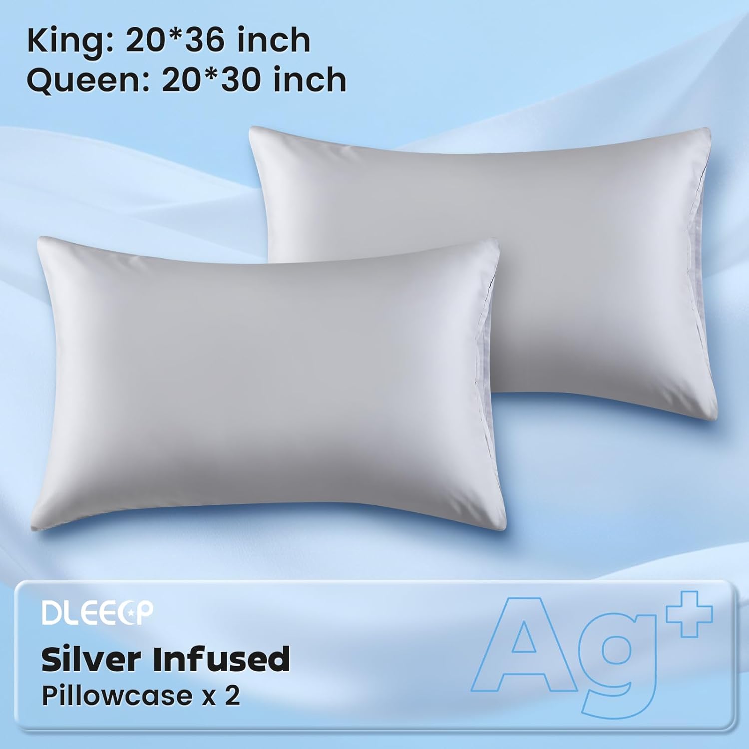 Silver Infused Pillowcases – Cooling Pillow Cases with Silk, Softness Breathable Temperature-Regulating Pillow Cover, Odor Control Freshness Sleep for Hot Sleepers - 2 Pack, SilverGrey Queen 20"x30”