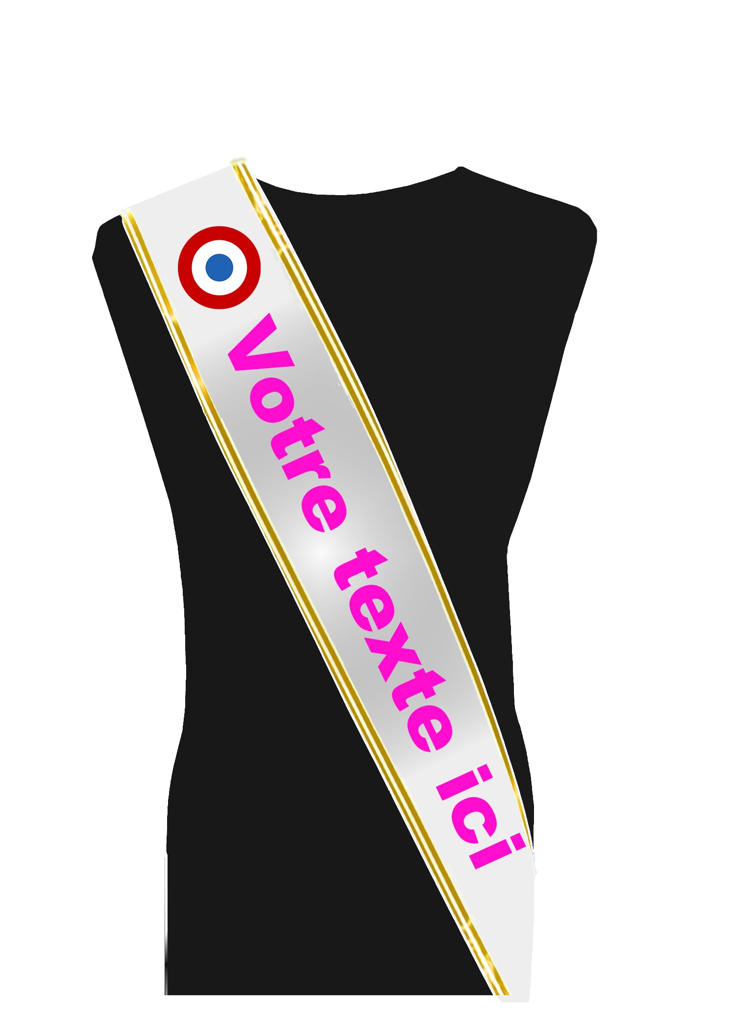 Générique Echarpe de Miss ou Mister à Personnaliser avec Franges. Personnalisable avec photo, texte, cocarde et options.