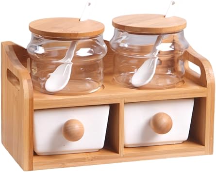 Dxcaicc Ceramic Spice Organizer Set, Wall Mounted Spice Rack, Drawer Spice with Spoon, 2 Tier Kitchen Condiment Storage with Wooden Rack,A