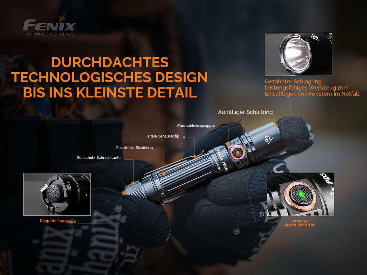 Fenix PD35 V3.0 LED-Taschenlampe, Taktische Kleine Gerade Taschenlampe, 1700 Lumen, 357m Leuchtweite, 230 Stunden Leuchtdauer, 5 Helligkeitsstufen und Strobe, IP68 Schutz, schwarz, Multi-Szenarien