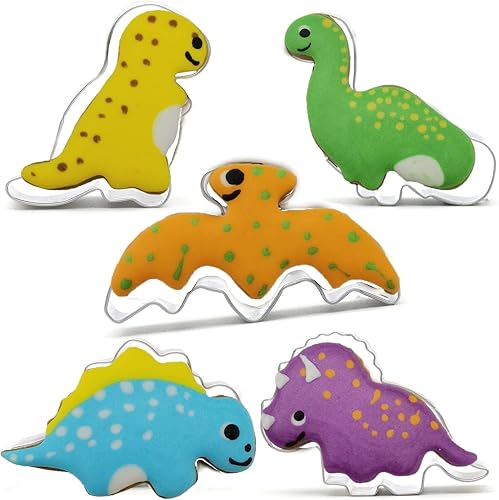 Juego de 5 cortadores de galletas con forma de dinosaurios, de acero inoxidable, juego de cortadores de fondant de dinosaurio para pastelería,