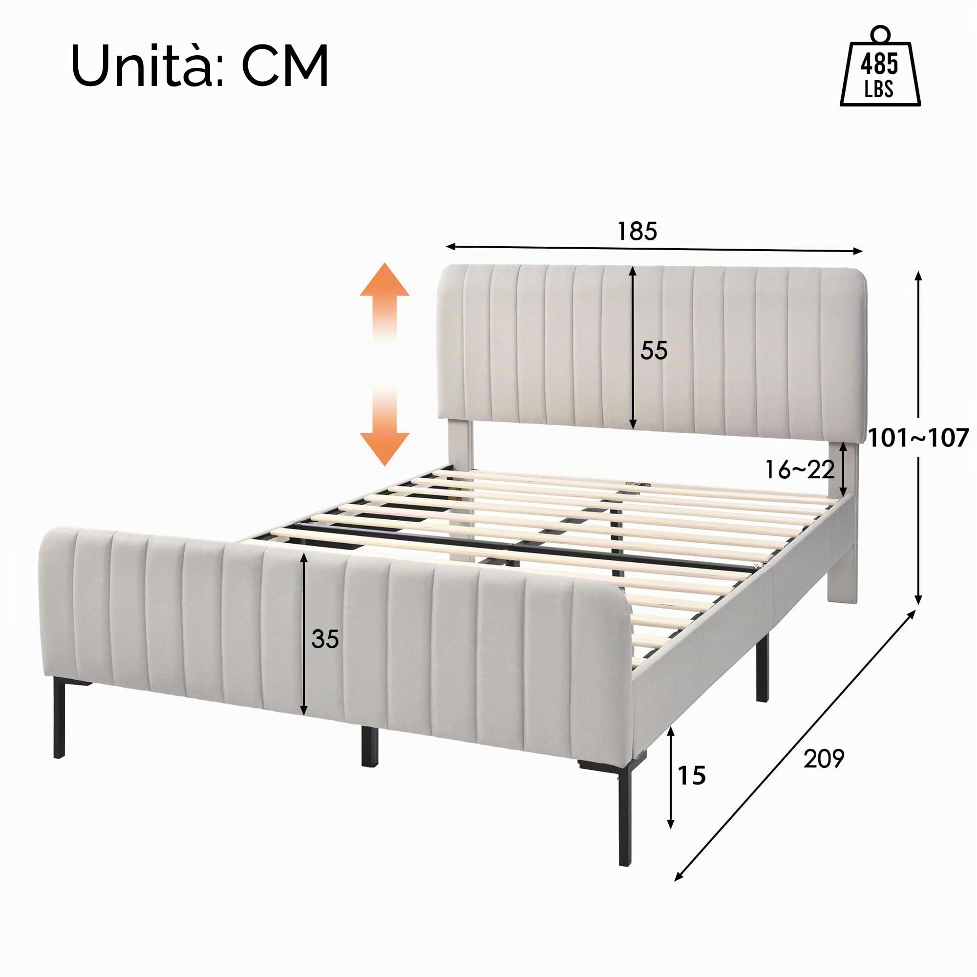 Letto Matrimoniale 180x200 cm con Testiera Regolabile, Letto una piazza e mezza con rete a doghe, Letto imbottito in grigio e beige, Struttura Letto Matrimoniale