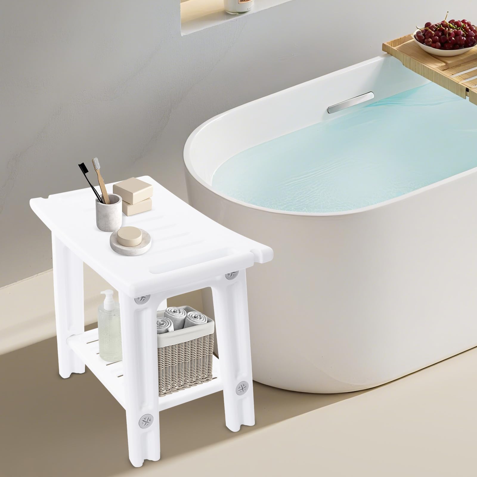 Taburete de ducha de 2 niveles, taburete de baño con soporte para cabezal de ducha, HDPE, taburete de ducha de spa de diseño moderno y ergonómico, color blanco