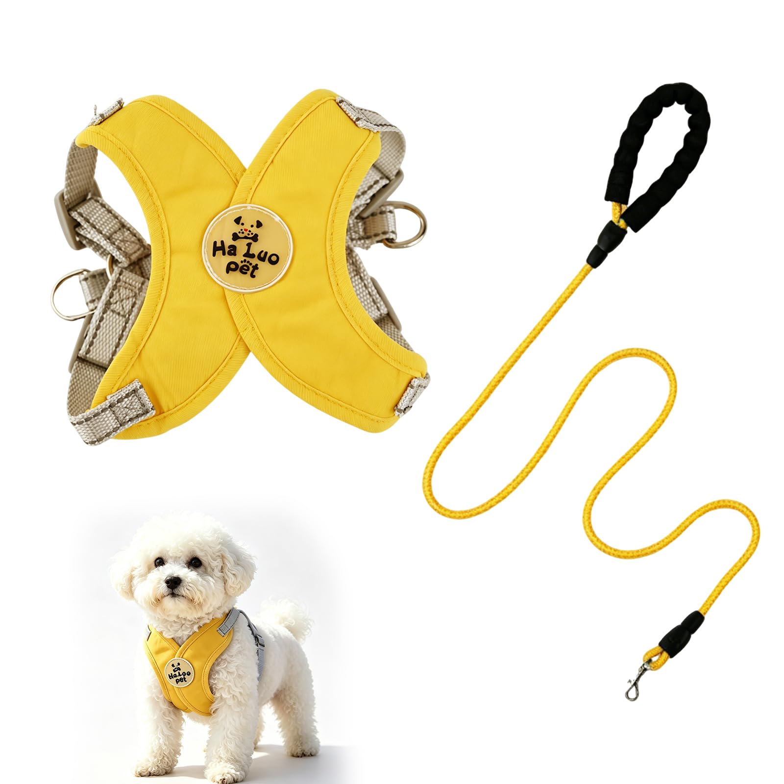Dog Harness and Lead Sets, No Pull X-Frame Puppy Harness, Dog Harness Small Breed with Reflective Strips, 1.5m Pet Round Lead, Breathable Mesh Pet Vest for Walking Training Outing (Yellow, M)