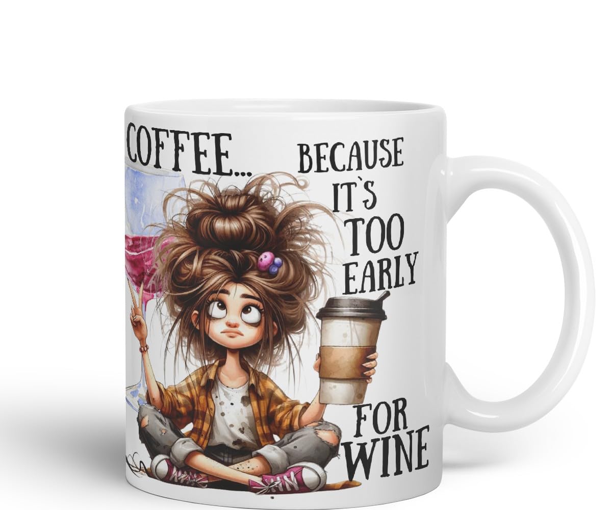 Vixar Coffee Because It’s Too Early for Wine Mug – Coloured Ceramic Mug Cup Gift, 11oz (White)