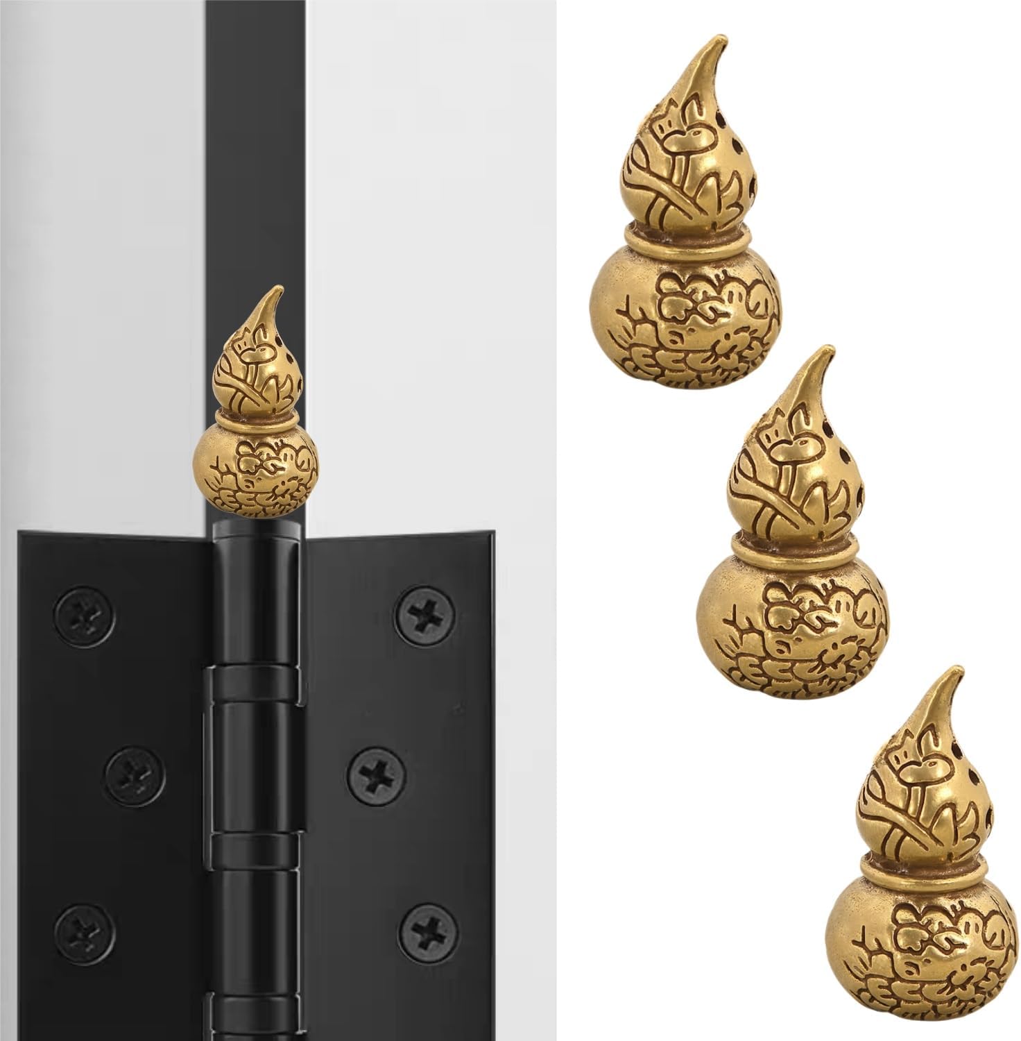 3PCS Brass Gourd Hinge Heads Decorative Topper Set Magnetic Door Hinge Toppers for Home and Office Desktop Decoration