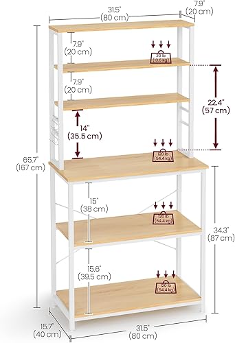 Miniatura 3 de VASAGLE Barra de café, estante para panadería de 31.5 pulgadas para cocina con almacenamiento, estantes de cocina de 6 niveles con 6 ganchos,