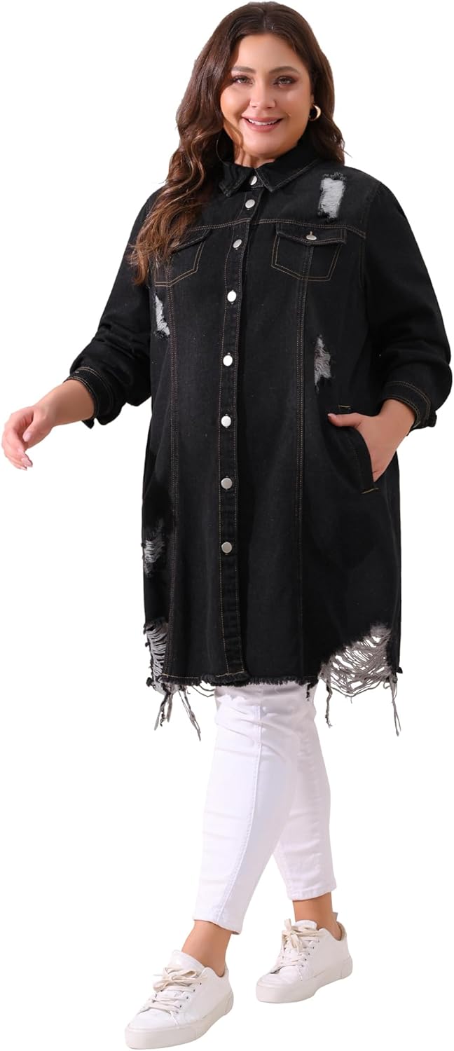 Agnes Orinda Jean Jacket for Women Plus Size Distressed Long Sleeve Oversized Denim Trucker Jackets - Image 3