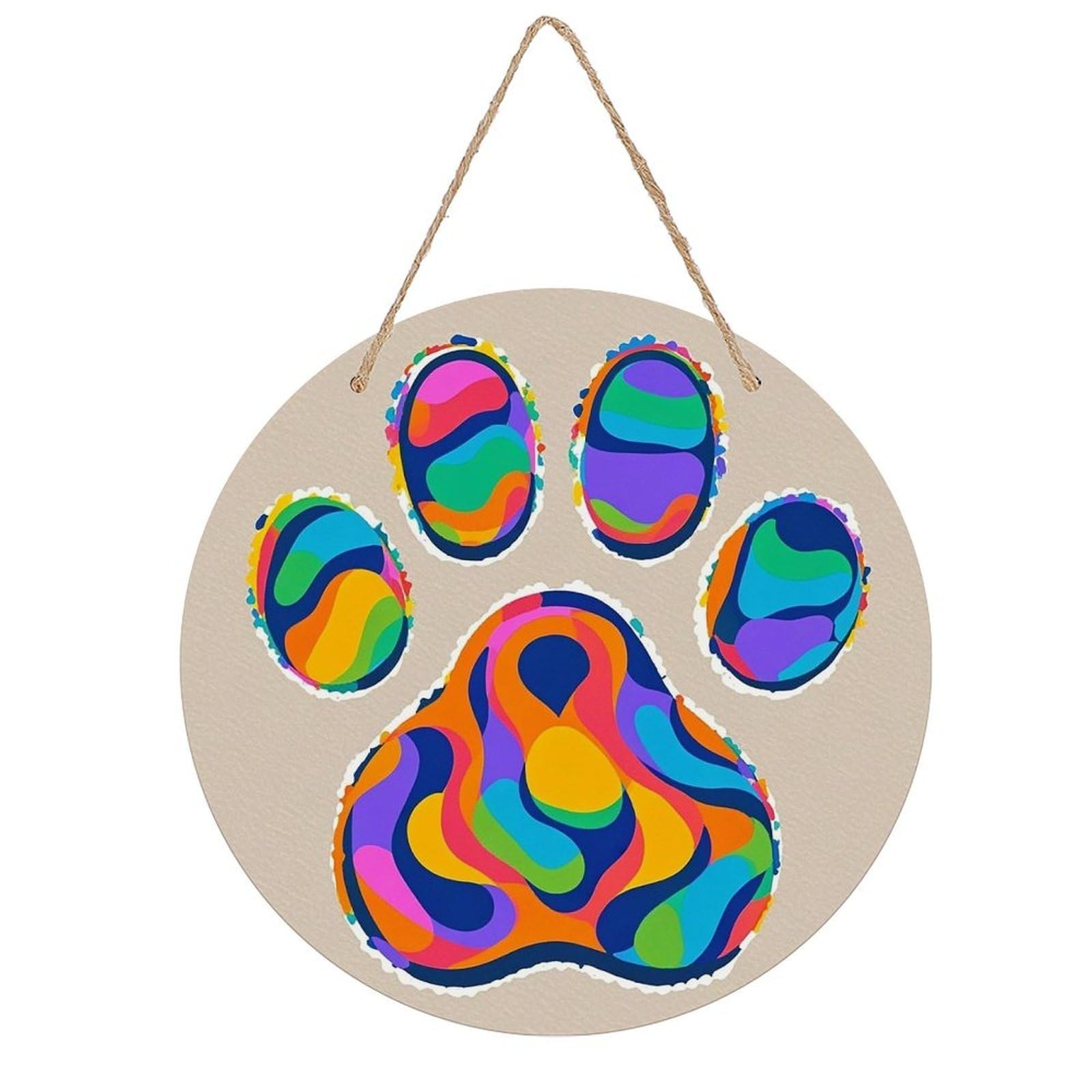 FekiLoot Colorful Dog Paw Print Wall Art Decor Round Wood Hanging Sign Decoration Wooden Circle Door Sign Round Hanging Decorative Wood Plaque Door Hanger for Home Outdoor Indoor Decoration