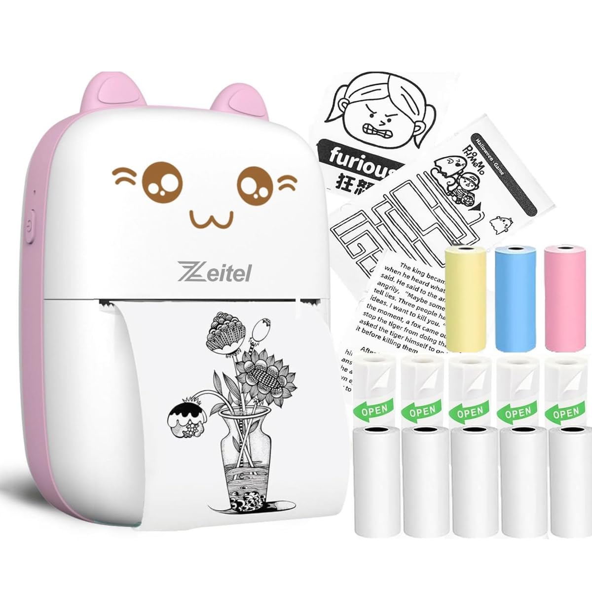 Zeitel® Mini Bluetooth Thermal Printer, Portable Label Printer Inkfree Printer for Android & iOS System, Black on White Thermal Printer with 13 Roll of Print Paper, Stickers, Pink
