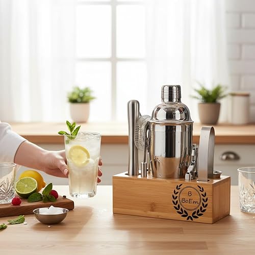 Miniatura 2 de Juego de coctelera personalizada con soporte, kit de camarero grabado con jigger, colador, cuchara y vertedor, regalo de mezclología de barra