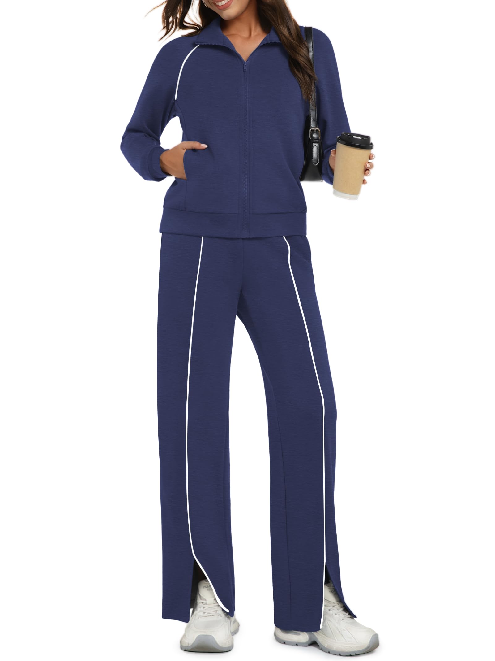 Casly Lamiit Womens 2 Piece Outfits 2025 Fall Casual Zip Up Sweatsuits Lounge Set Travel Wide Leg Pants Striped Tracksuit