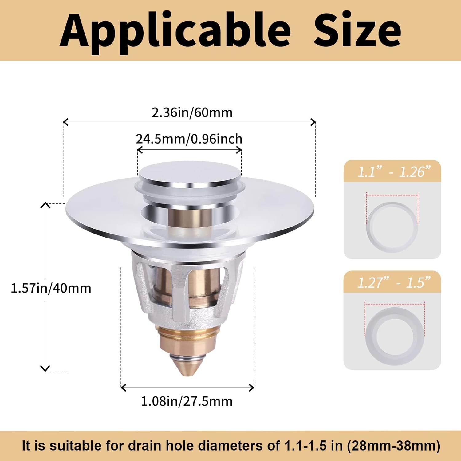 U.S. Standard Bathroom Sink Stopper 1.1"-1.5", Stainless Steel Universal Pop Up Drain Stopper for Bathroom Sink, Universal Drain Filter Drain Plug with Spring Core ​Push Type Converte