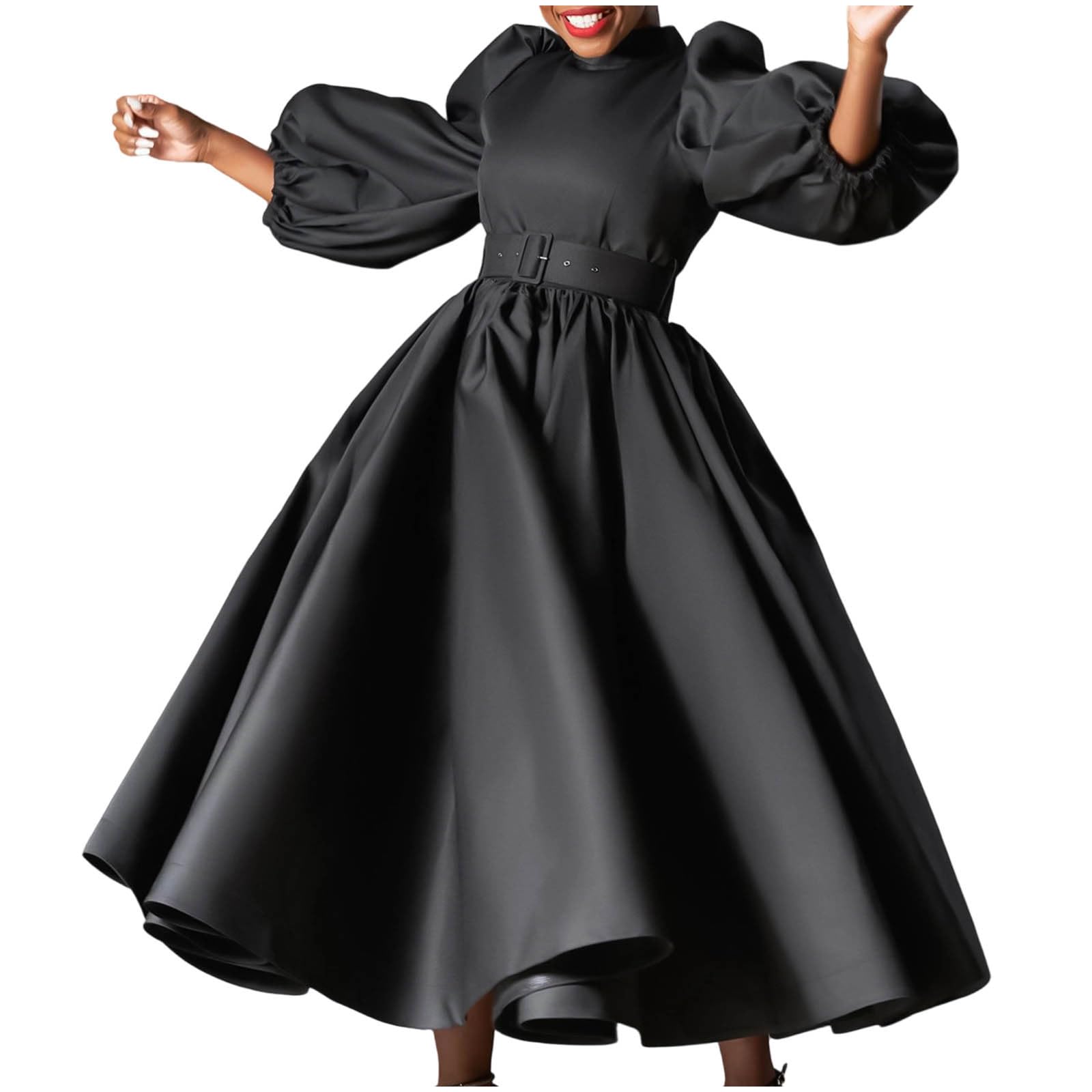 Womens Vintage Long Puff Sleeve Dresses A-Line Formal Cocktail Party Evening Gown Pleated Swing Dress with Belt