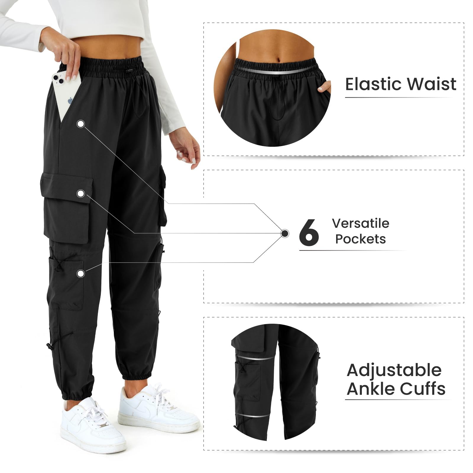 Friptspyg Cargohose Damen Leichter Trekkinghose mit Tasche Wanderhose Schnelltrocken Wasserdicht Einstellgurt Outdoor Hosen Sportlich Jogginghose