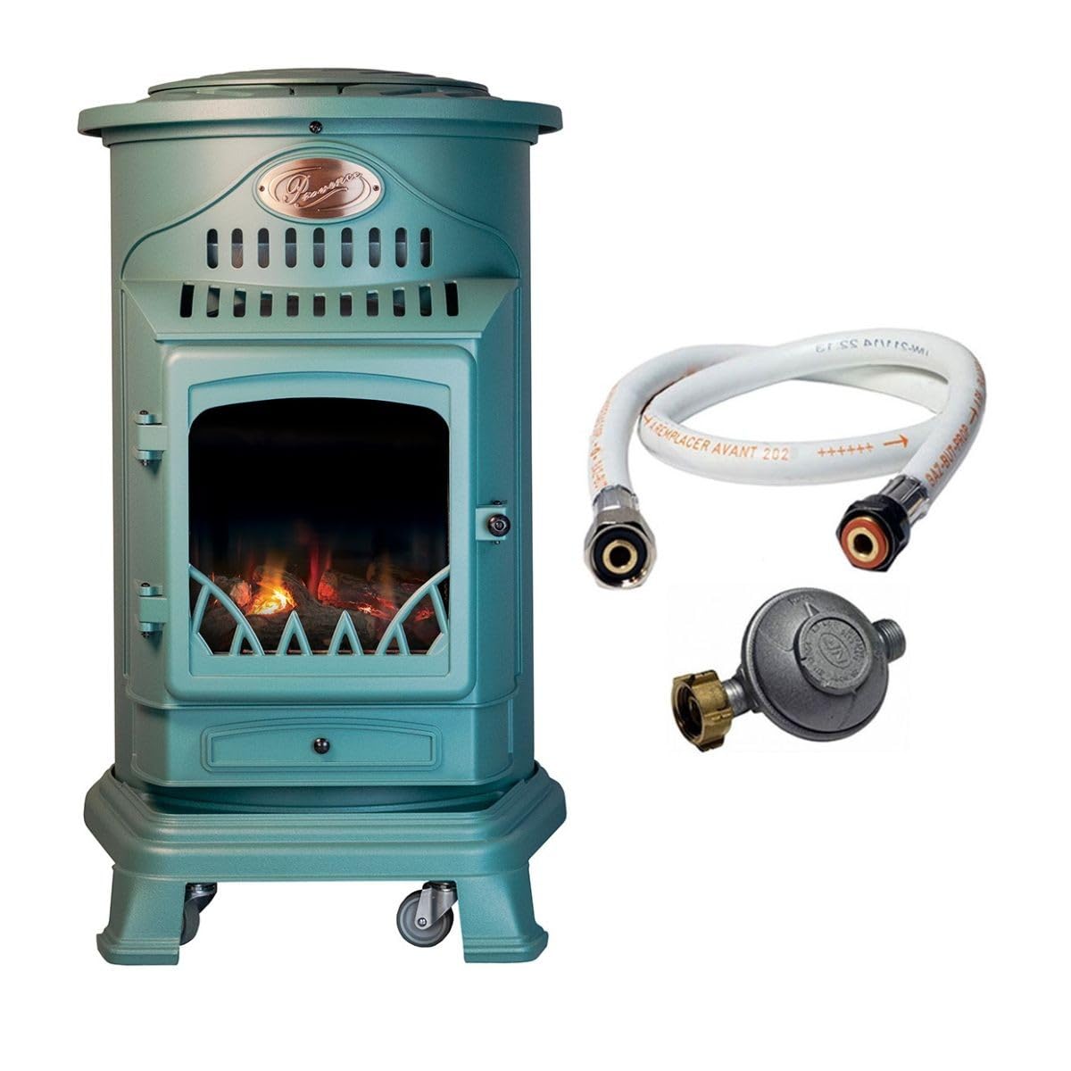 Sahara - Poêle à gaz Provence 3,4 KW Vert Effet poêle à Bois Fonte véritable Chauffage d'appoint + Tuyau gaz et détendeur gaz