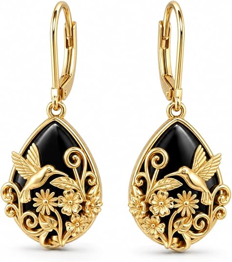 14K Gold Plated Black Onyx Filigree Teardrop Drop Earrings for Women