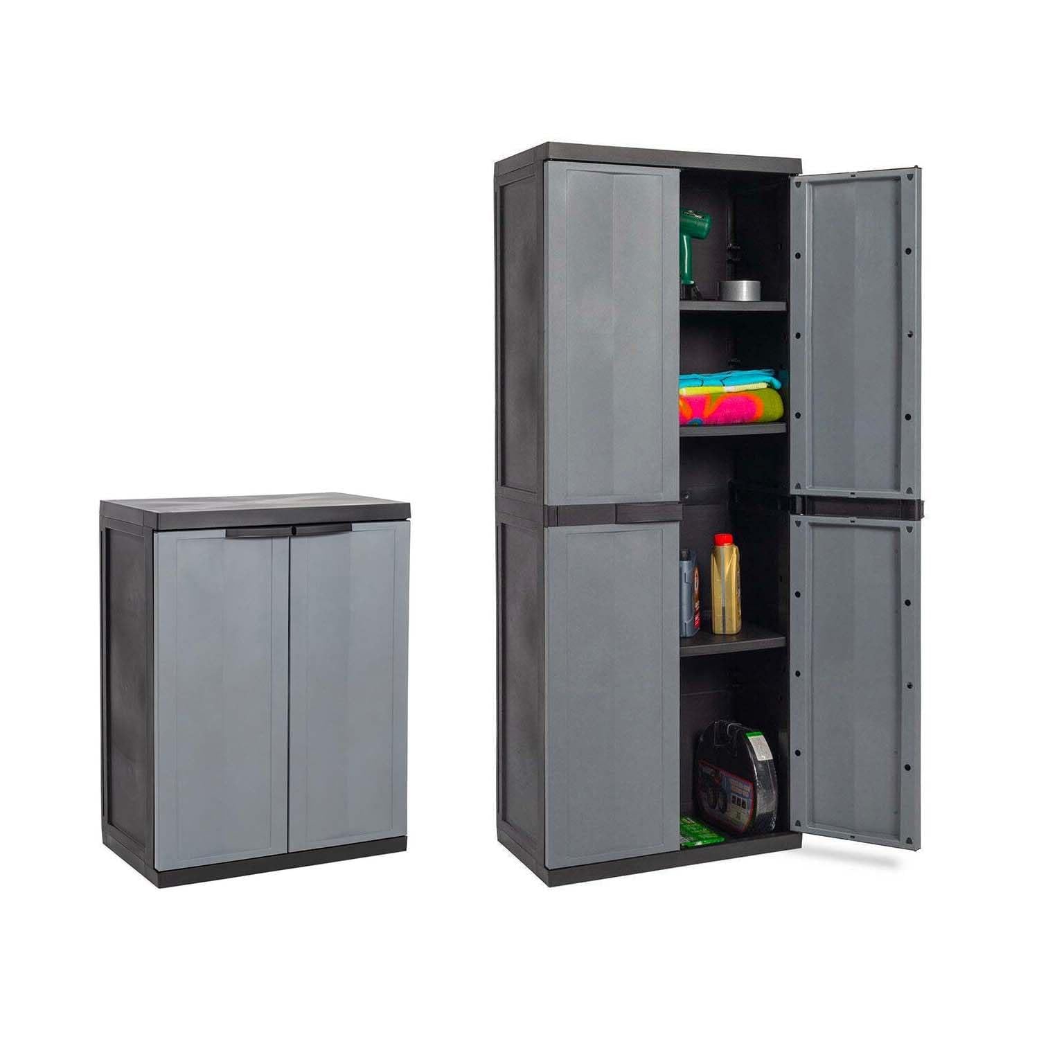 Avilia Juego de 2 muebles de plástico con estantes ajustables – Kit armario alto Tuttopiani y armario bajo, 65 x 37 x 165 cm y 65 x 37 x 85 cm, negro y gris