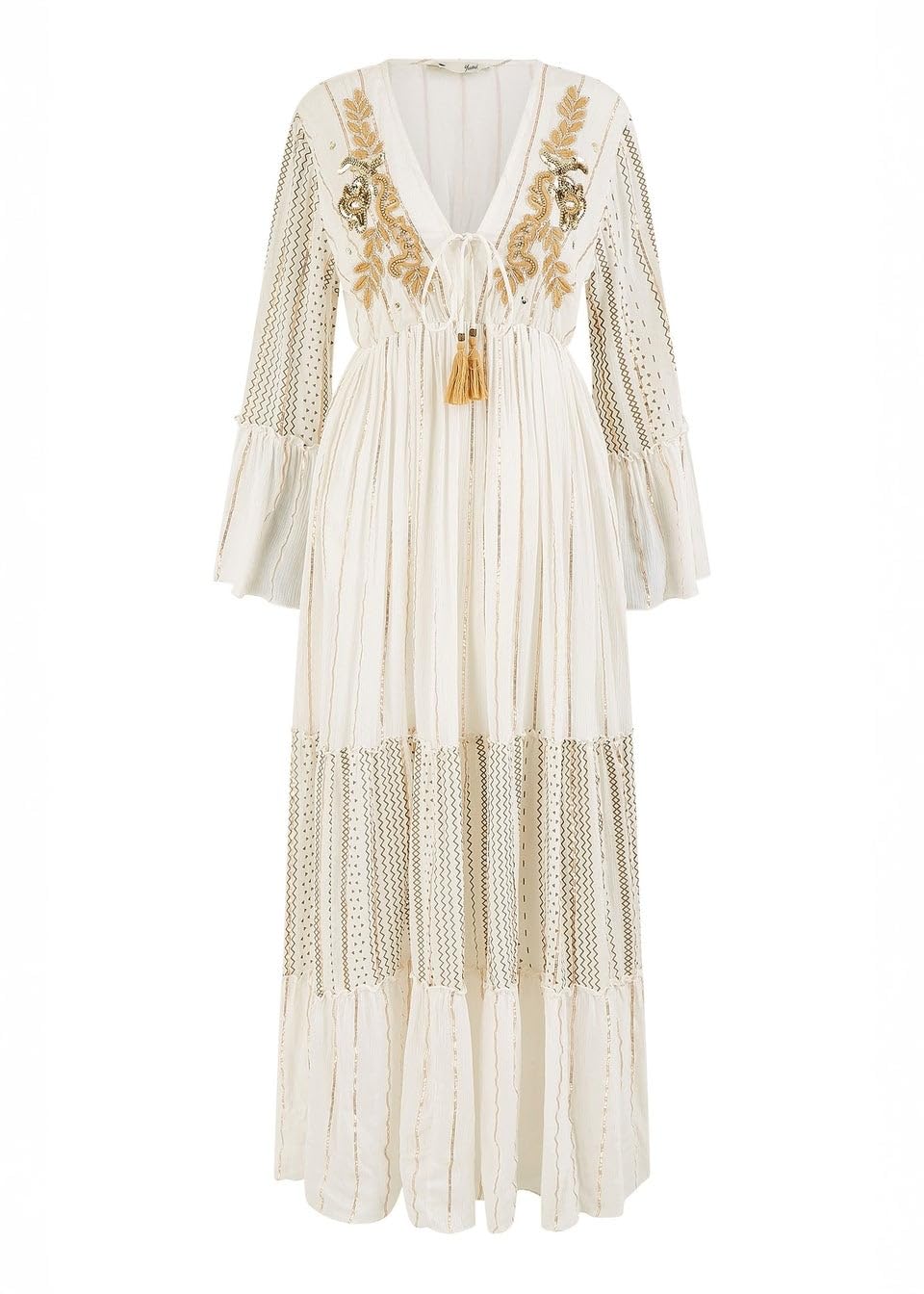 Yumi Women's White Metallic Embellished Maxi Dress With Long Sleeves (Uk, Numeric, 10, Regular, Regular, )