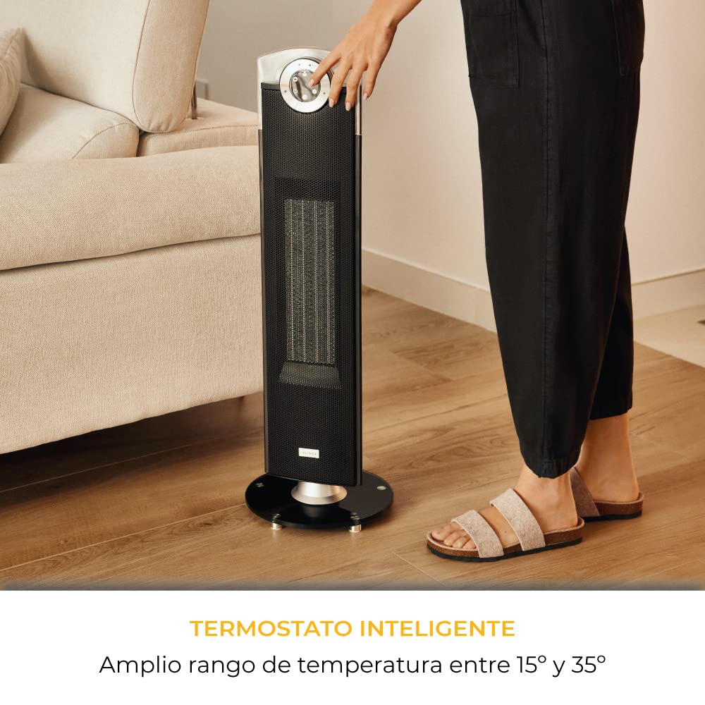 NEWTECK-Calefactor Cerámico Rhapsody, Termoventilador de Torre, 2500W, Temperatura Ajustable hasta 35º, Temporizador 12h. Oscilación 76º, Silencioso, Velocidad 1.6m/s, Mando a Distancia y Panel Táctil
