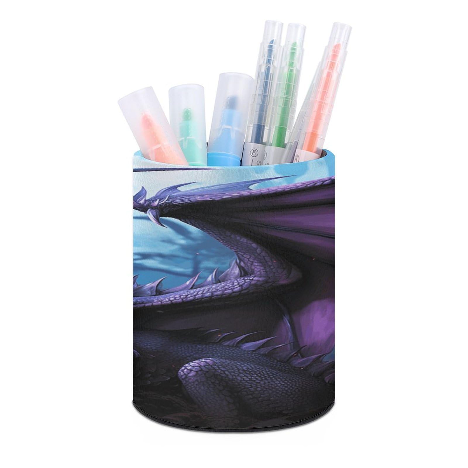 VstaDank Purple Dragon Purple Moon Pen Holder PU Leather Pencil Cup Minimalist Desk Pencil Holder Round Make Up Brush Organizers For Office Dorm Room&Vanity Desk Accessories