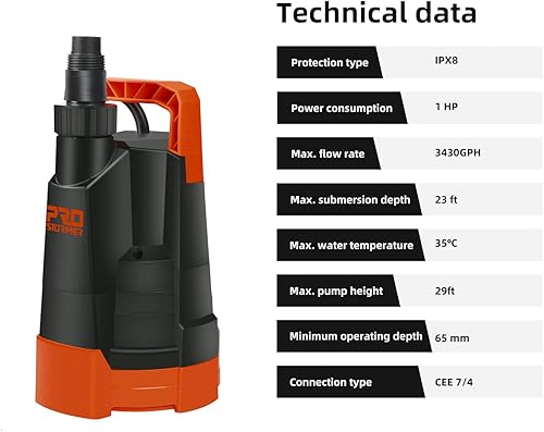 Miniatura 4 de Prostormer - Bomba de agua limpia, 1HP 3430 GPH, portátil, sumergible para el hogar, para piscina, estanque, jardín, bodega inundada y sótano, color