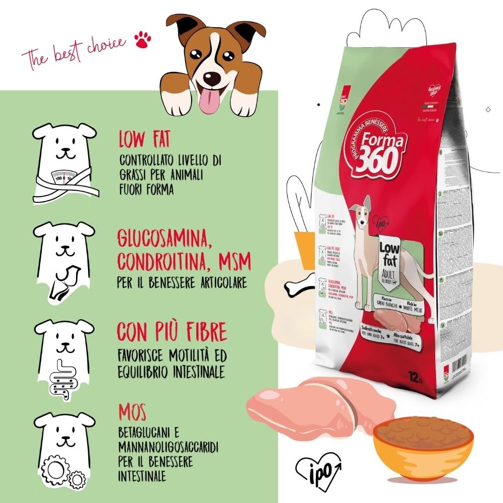 Crocchette per Cani Adulti Sovrappeso e Sterilizzati – Low Fat per Controllo del Peso – Carni Bianche – Forma360 – 12 kg