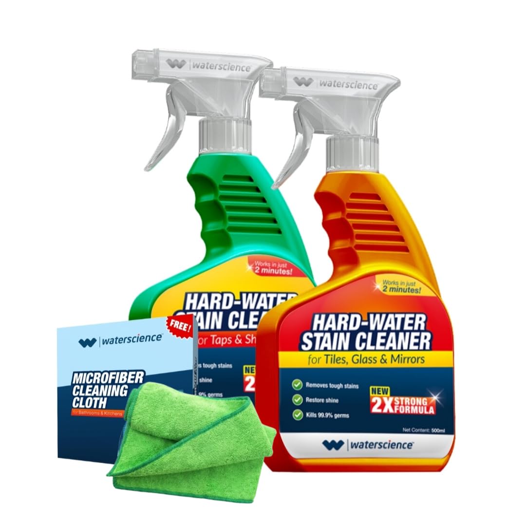 Quick Hard Water Stain Remover Spray Combo Pack(1L)+ Free Microfiber Cloth | Limescale Remover for Bathroom & Kitchen Shower, Taps Cleaner | All Purpose Descaler for Glass Mirrors & Tiles
