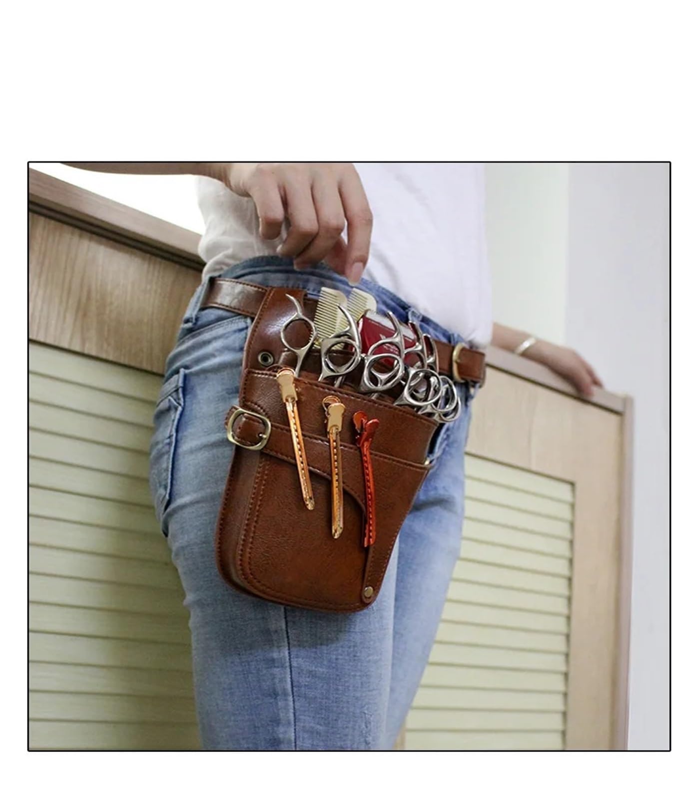 Friseurgürtel Haarscherentasche aus echtem Leder mit Clips, Friseurscheren-Holster, Beutelhalter, Etui mit Taillen-Schultergurt(Brown)