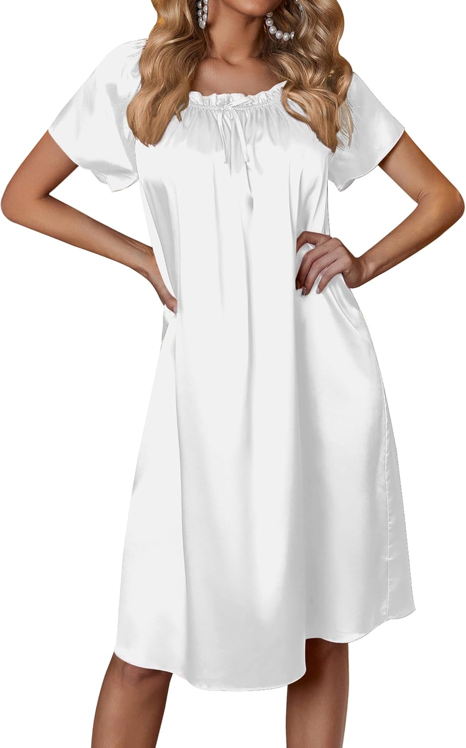 Ekouaer Women's Satin Silk Pleated Nightgown Loose Sleepwear Printed Nightshirt Short Sleeve Sleep Dress