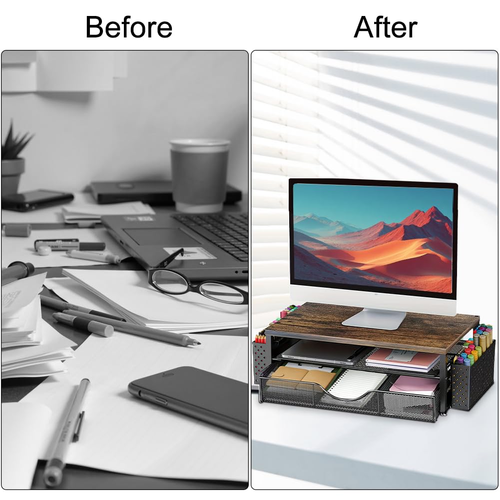 Supporto da scrivania per monitor, organizer da scrivania con 2 portapenne, cassetto, supporto ergonomico da tavolo, accessori da ufficio per schermo e laptop
