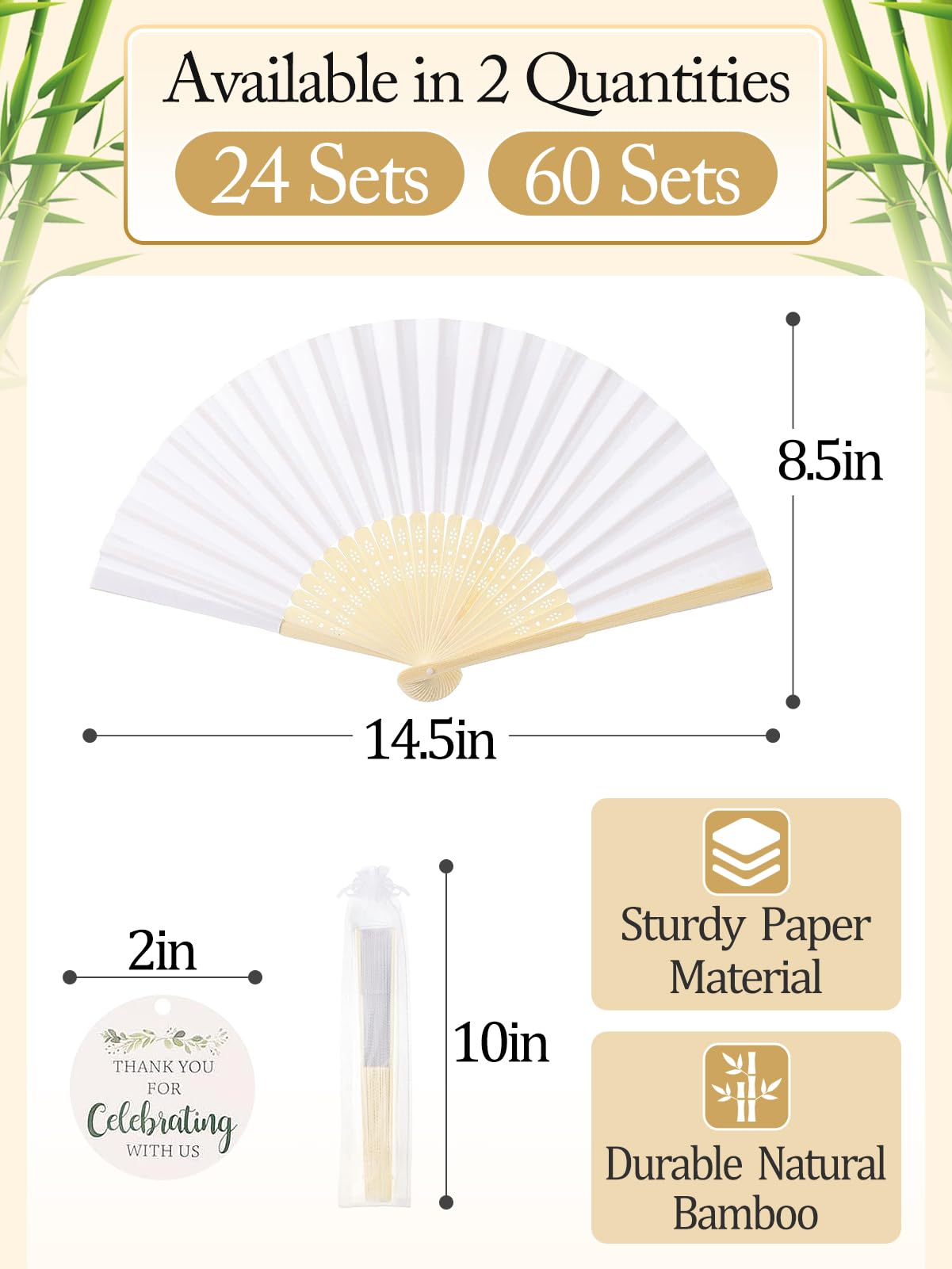 Cosweet 60 Stück weiße Papier-Handfächer – Faltbarer Bambus-Fächer mit 60 Anhängern und Aufbewahrungstasche, Handheld-Akkordeon-Papierfächer für Hochzeit, Feier, Partyzubehör und Heimdekoration | Weiße Papierfächer, Bambus, dekorative Faltfächer, für Hoch