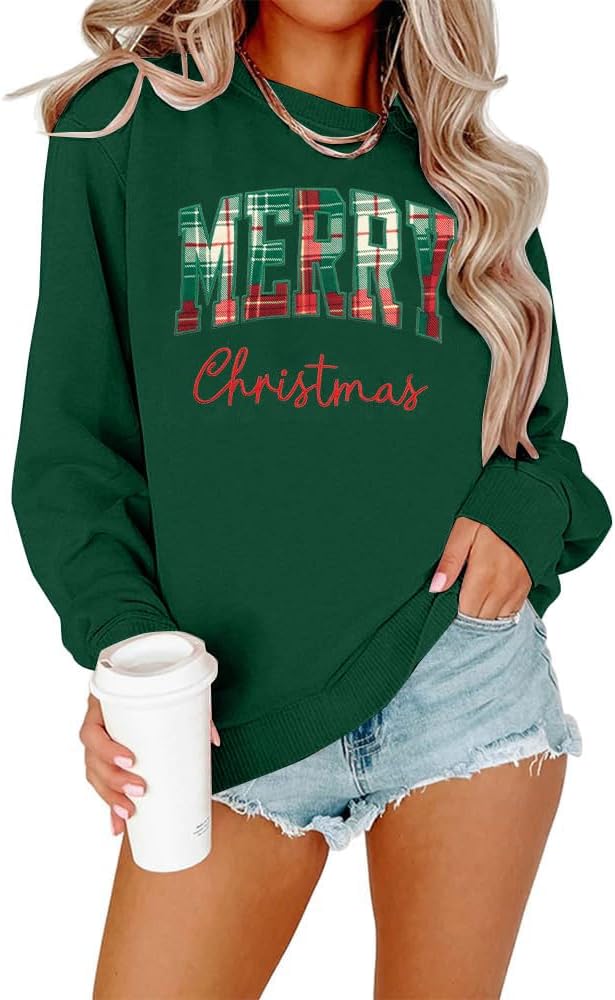 Merry Christmas Sweatshirts for Women Christmas Embroidery Outfits Merry Plaid Lightweight Pullover Tops