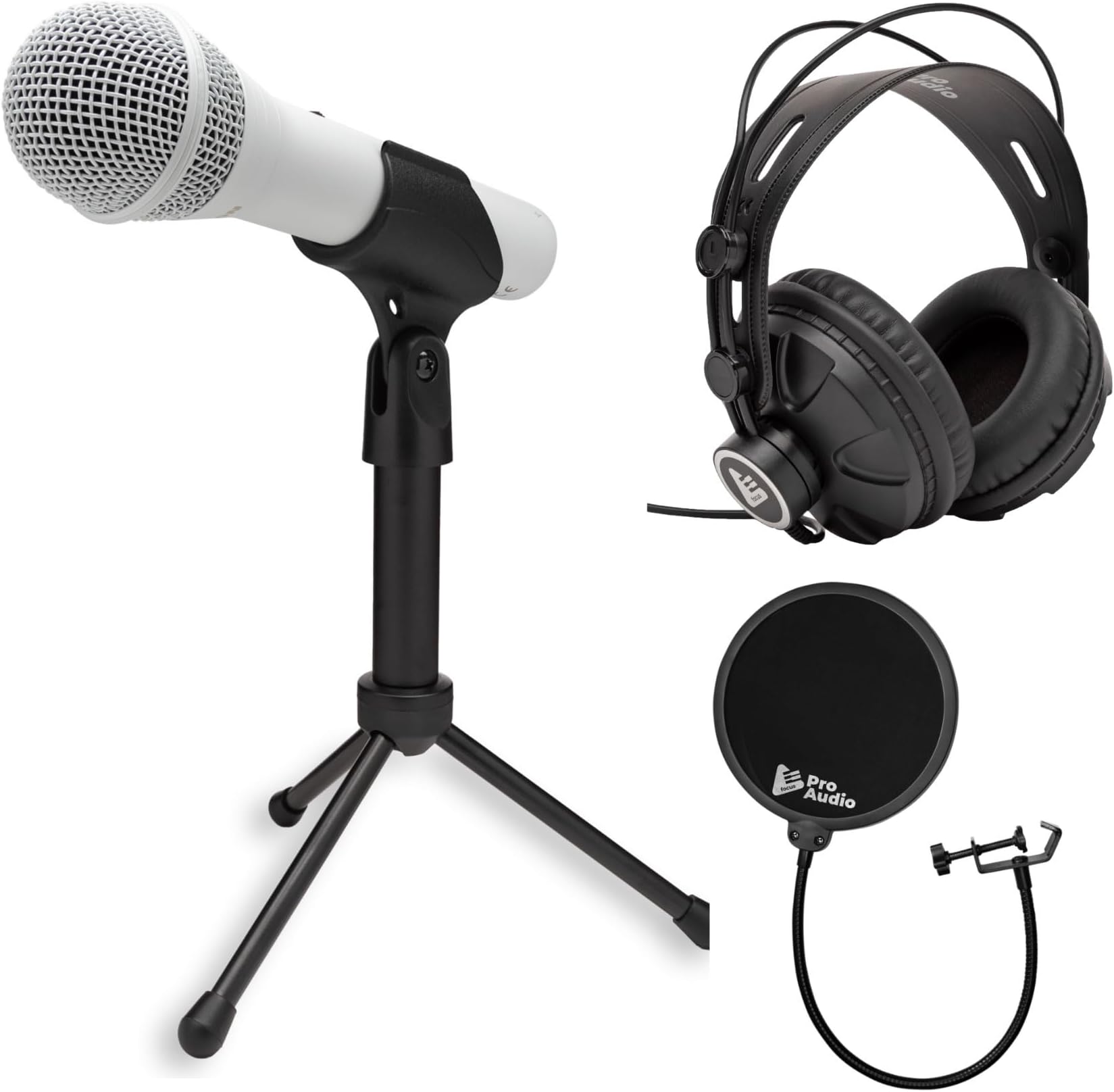 Samson Q2U USB and XLR Handheld Dynamic Microphone with Cardioid Polar Pattern (White) Bundle with Focus Pro Audio TX-100 Studio Monitor Headphones (Black), and Knox Gear Pop Filter (3 Items)
