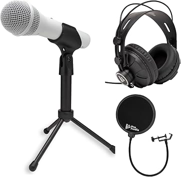 Samson Q2U USB and XLR Handheld Dynamic Microphone with Cardioid Polar Pattern White Bundle with Focus Pro Audio TX-100 Studio Monitor Headphones Black, and Knox Gear Pop Filter 3 Items