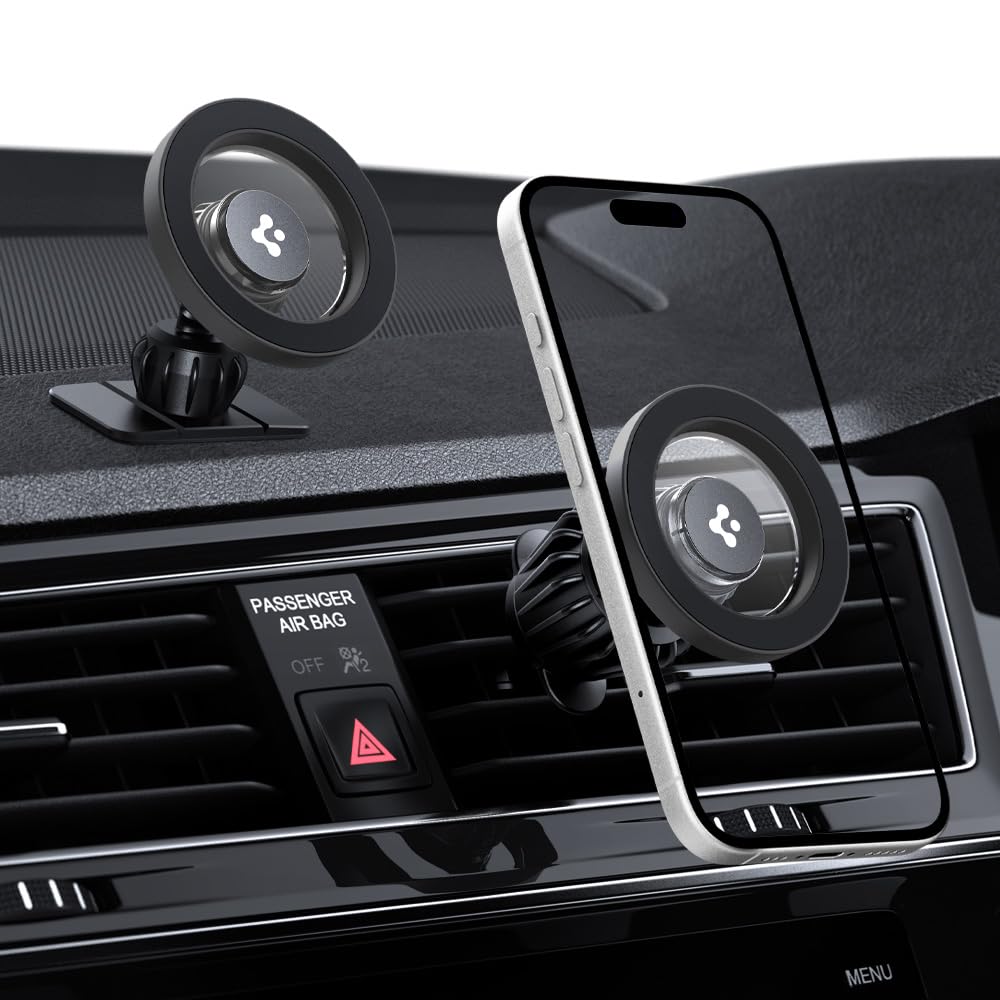 Spigen Magnetic Air Vent Car Mobile Holder [Super Strong Magnet] [MagSafe Ring Included][Extra Mini Dashboard Mount] for iPhone 16/15/14/13/12, Samsung Galaxy Series and More – Gray