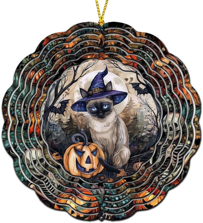Halloween Burmese cat is Wearing Witch hat Wind Spinners, Garden Decoration, 8 inches Stainless Steel Wind Sculpture