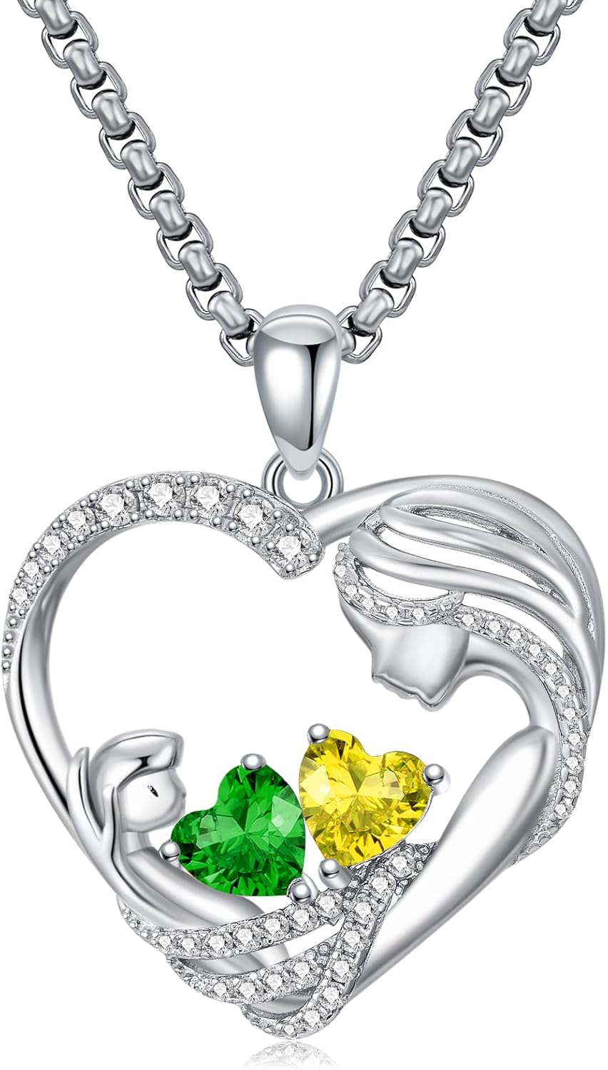 Mothers Day Gifts for Mom Daughter White Gold Plated Heart Pendant Necklace with Dual Birthstone, Mother Daughter Birthday Gifts Anniversary Jewelry for Wife Sister Girlfriend Her
