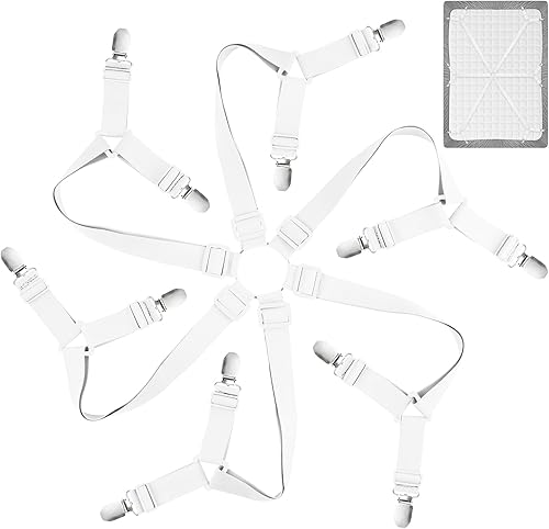 Bouiexye Sujetadores de sábanas ajustables, correas elásticas para sábanas de cama de 6 vías, clips de hojas cruzadas para cama matrimonial, Queen,