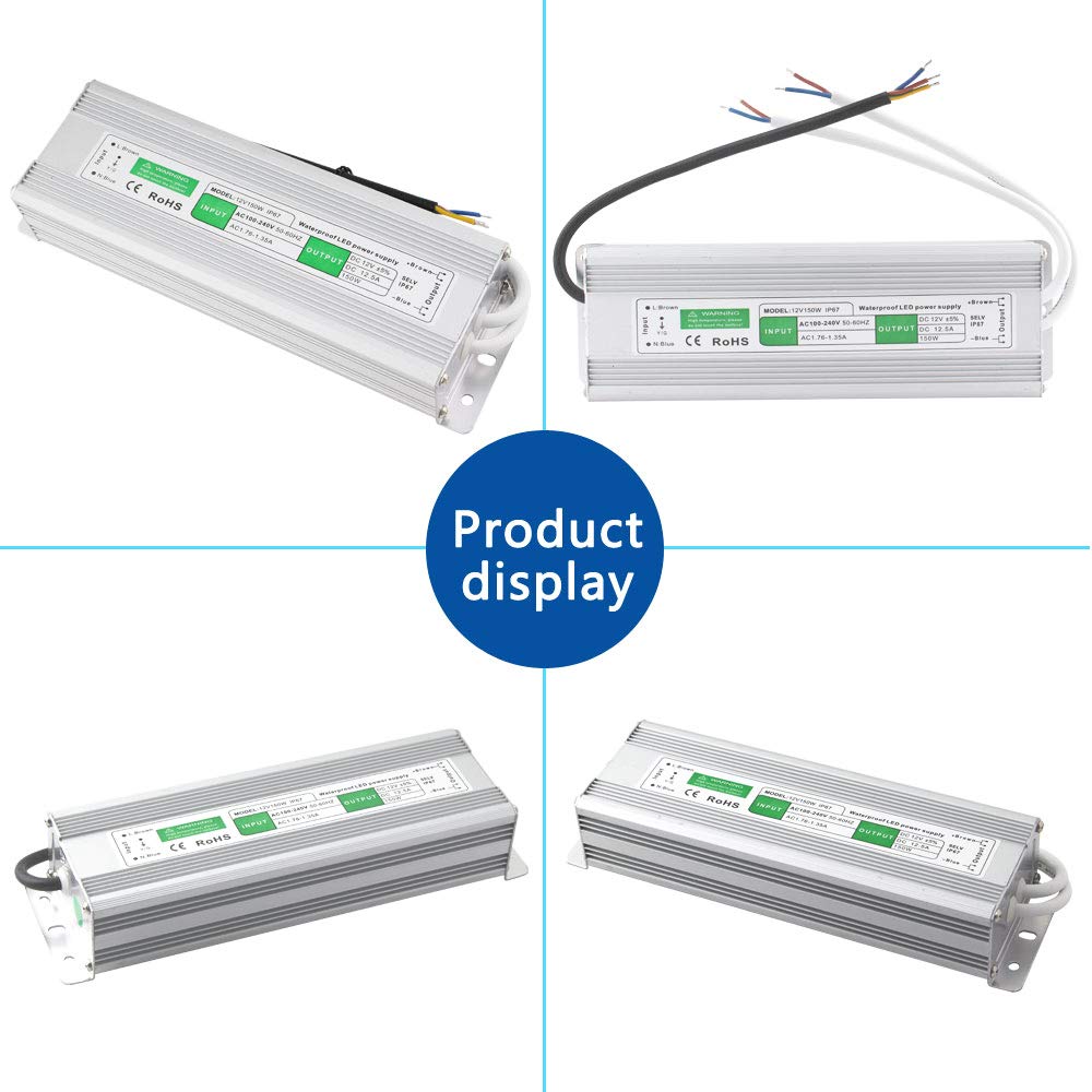 Yetaida 150W IP67 Waterproof LED Driver Transformer, 12V DC 12.5A Power Supply For Outdoor/Indoor Strip Lights - View #2