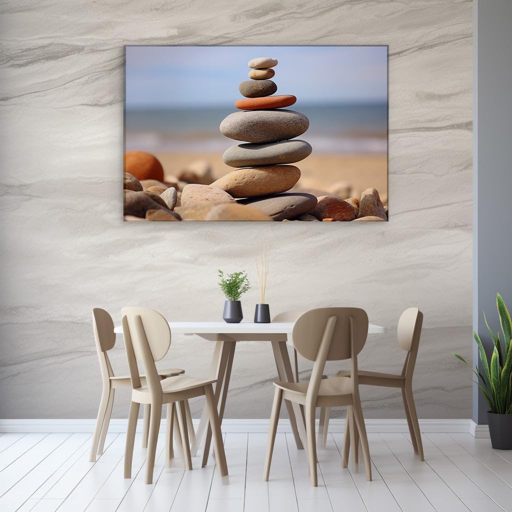 Canvas for Living room. Balancing Serenity: Unveiling Harmony in a Beachside Stone Stack Against the Ocean's Infinity, 27 x 18 inch Canvas Wall Art - Ready to Hang