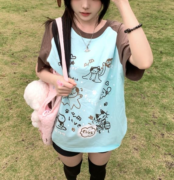 Y2K Kawaii Cute Cat Print T-Shirts for Women Patchwork Harajuku Oversize Top Round Neck Cutecore Tee Tops2