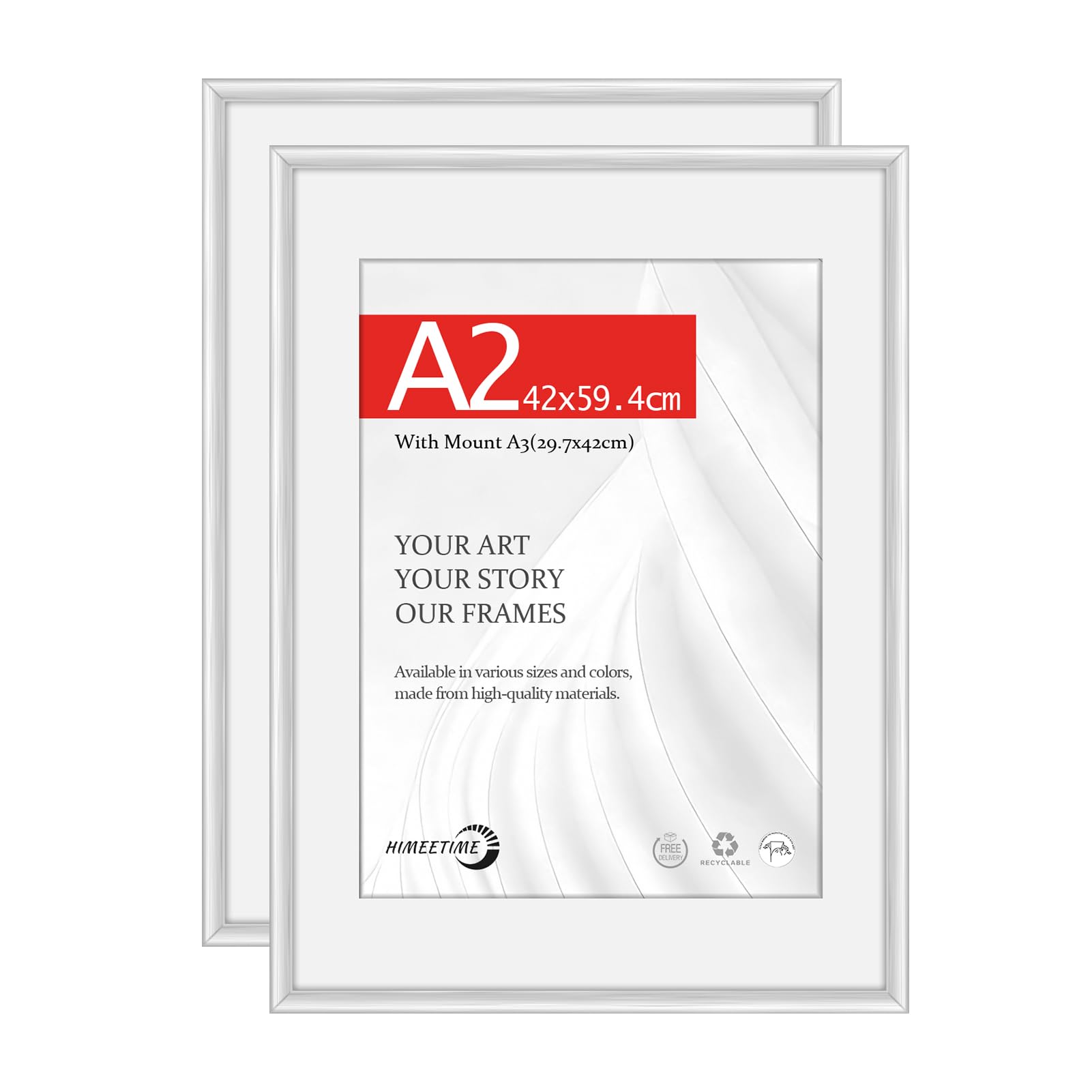 HIMEETIME® 2x A2 Picture Frame 42x59.4cm,Silver Matte Aluminum Metal Frame,30x42cm Mat Included,Shatterproof Acrylic Glass,Wall Mounting Only