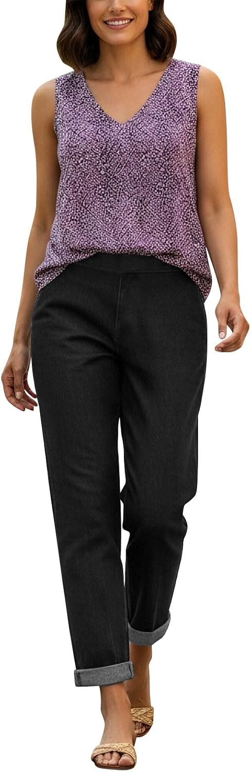 Elastic Waist Denim Pants with Pockets for Women Solid Casual Stretch Trousers Comfort Pull-On Bottoms for Everyday