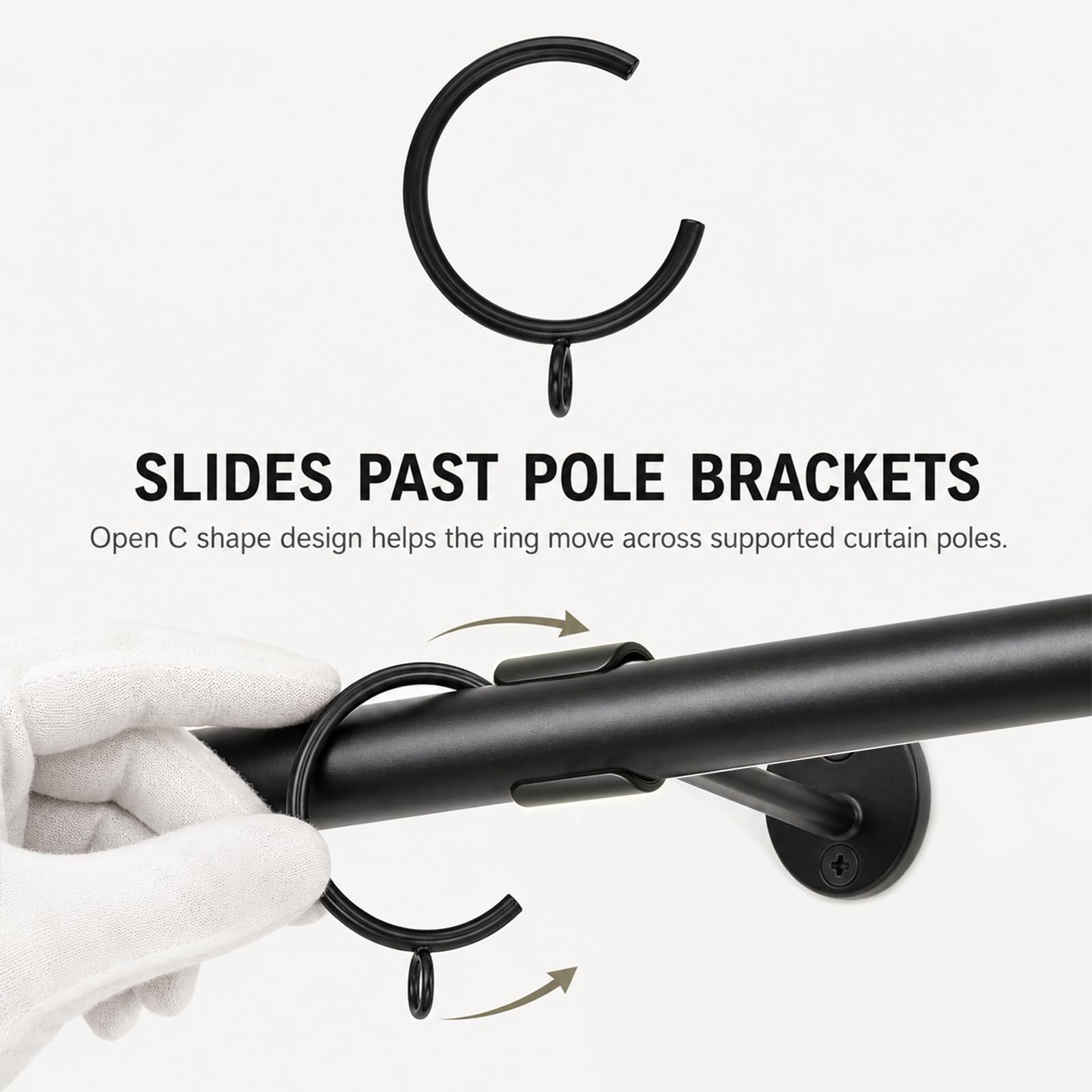 C-förmige Vorhangringe, 20 schwarze Metallringe für Gardinenstange, 45 mm Innendurchmesser, 27,5 mm Öffnung, passend für 29–34 mm Stangen